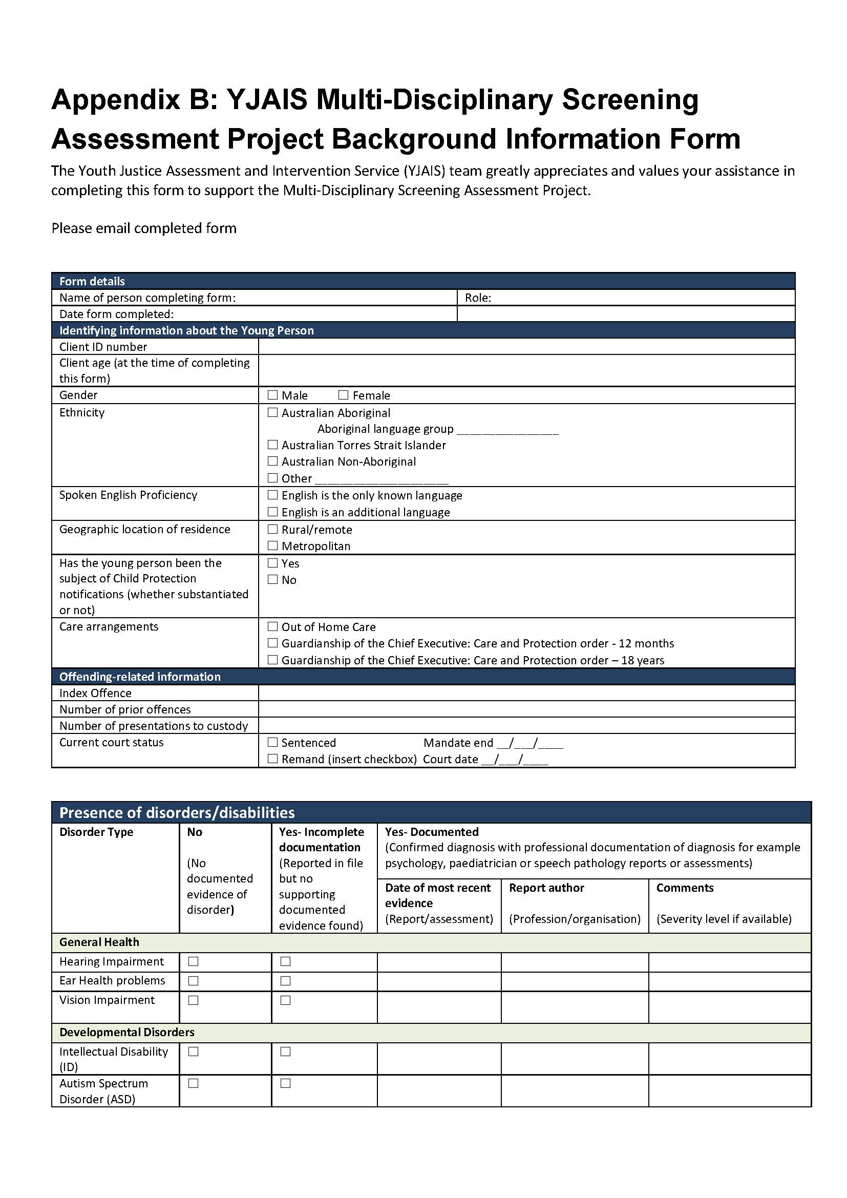 YJAIS Multi–disciplinary screening assessment project background information form. There are two pages to this form covering the client's personal details, offending history, disability and involvement with other agencies. 
