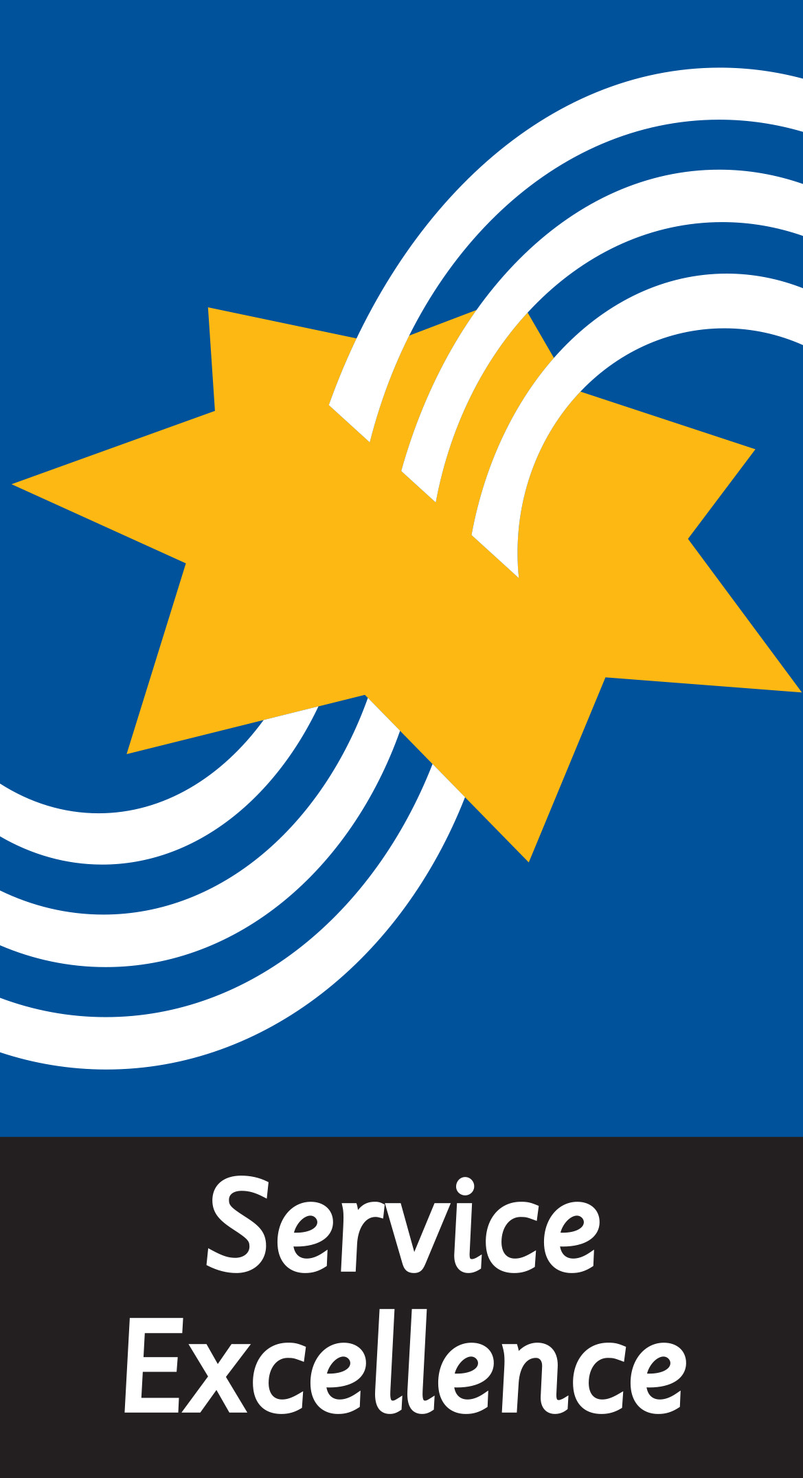 Gold seven-pointed star, pierced by three wavy white lines, on a deep blue background.