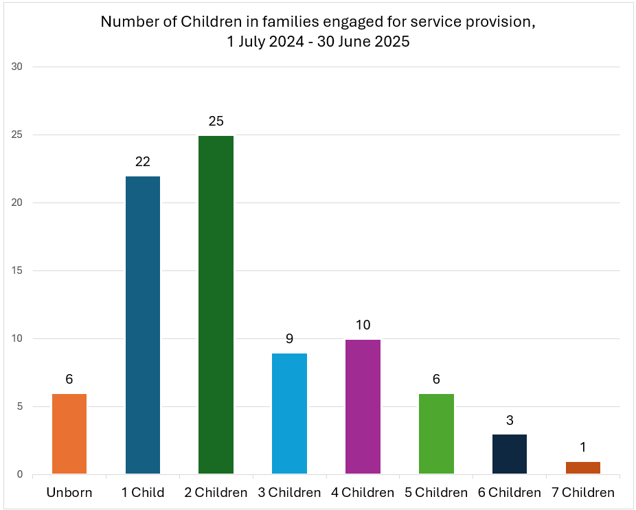 Column graph showing numbers of children in families receiving services, where most had 1 or 2 children (47 families of 82). 29 families had between 3 and 7 children. 6 families had unborn children.